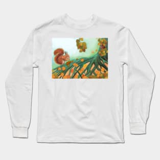 Little Red Squirrel Eats Hazelnuts Illustration Long Sleeve T-Shirt